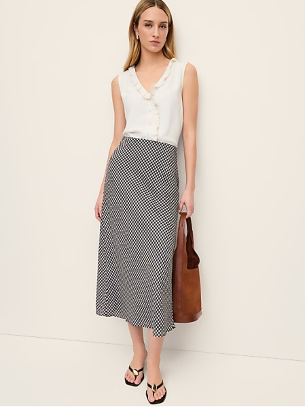 Ann Taylor Bias Midi Slip Skirt in Black Gingham Size XL